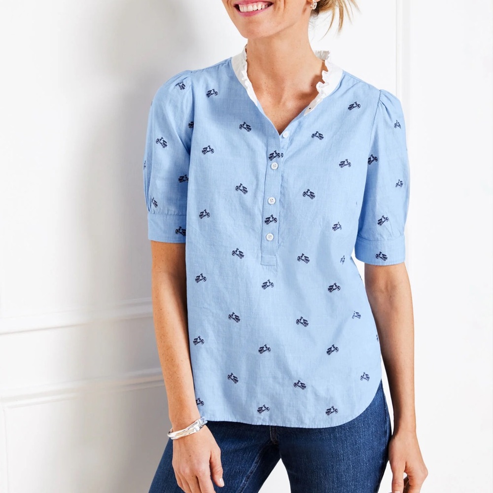 Talbots Medium Ruffle Neck Top-Embroidered Vespa